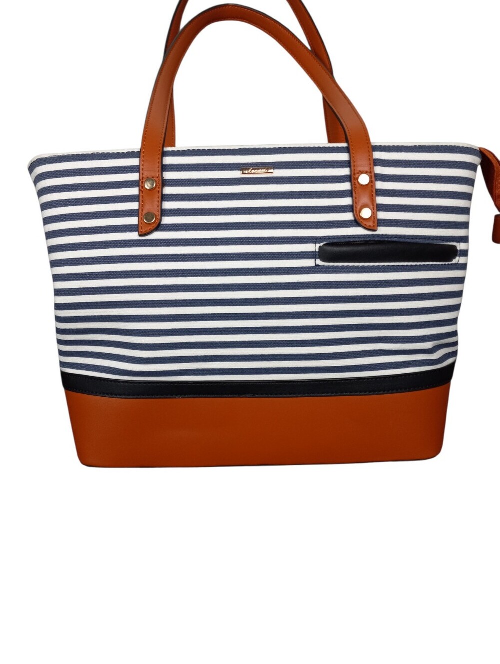 Lovevook  classic Striped Navy & White Tote with Tan Accents